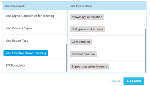 Framework selector popup. Image shows a two-column popup window, with the left hand column displaying the top-level framework headings the the right-hand column displaying the capability area tags