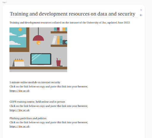 Example of a resource card on the discovery tool. Image shows a card called "training and development resources on data and security". The card has links to three different resources.