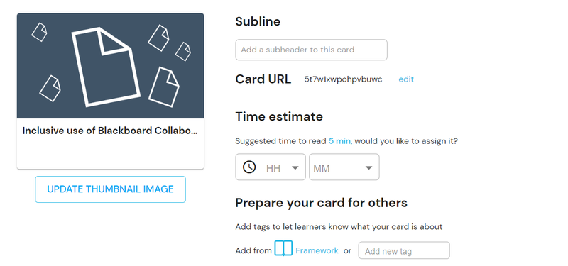 Ready to publish page on the discovery tool. Image shows a screenshot of the ready to publish page, with the option to upload a thumbnail image, a subline, edit the URL, a time completion estimate and framework tags/attributes