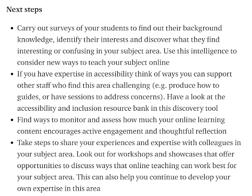 Screenshot showing next step guidance for one capability area in the feedback report