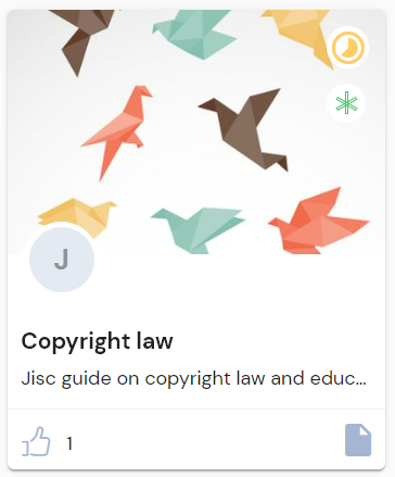 Example of a resource card from the discovery tool. Image shows a small thumbmail image of paper birds and two lines of text underneath that read Copyright law: Jisc guide on copyright law