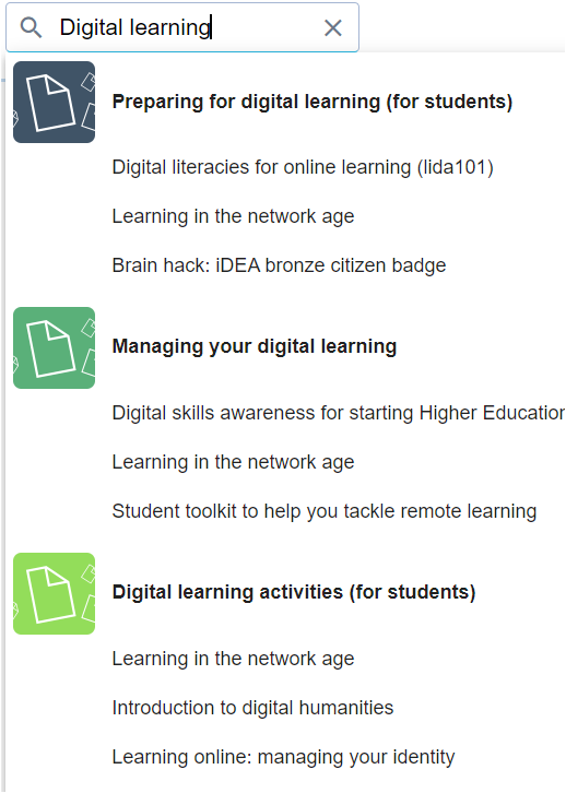 screenshot of the search bar tool showing the different resource options that appear when you search under digital learning