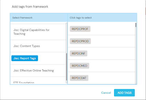 Framework selector popup. Image shows a two-column popup window, with the left hand column displaying the top-level framework headings the the right-hand column displaying report tags