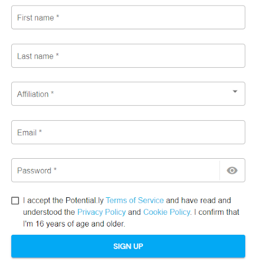 screenshot of the new user sign up screen where you enter your name affiliation email and unique password