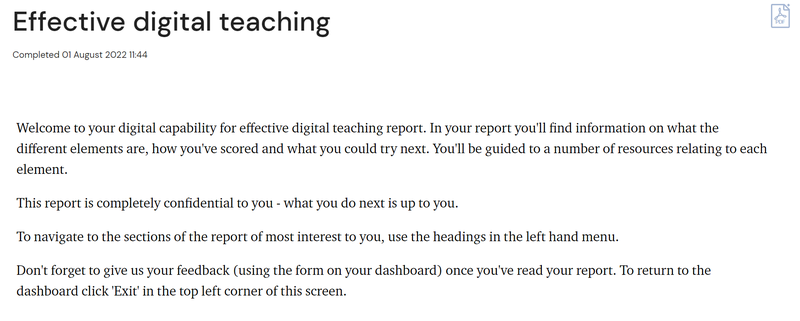 Example of a discovery tool report. Image shows title of the question set (effective digital teaching) and an introduction to the report&#x27;s content, described below.