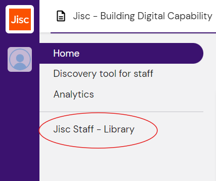 image shows the home page navigation options - home, discovery tool for staff, analytics and Library