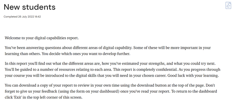 Example of a discovery tool report. Image shows title of the question set (New students) and an introduction to the report&#x27;s content, described below.