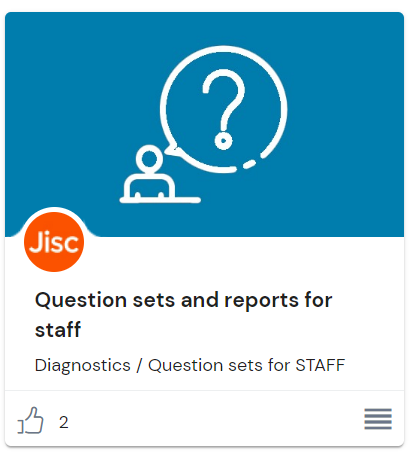 question sets and reports for staff thumbnail from the jisc discovery tool, the image shows a white icon of a person with a thought bubble on a blue background
