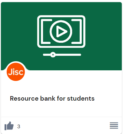 resource bank for students thumbnail from the jisc discovery tool, the image shows a white icon of a video playback button on a green background