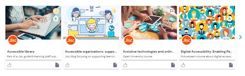 Screenshot of the resources carousel in the discovery tool, image shows four resource cards in a row in the area of accessibility and assistive technology