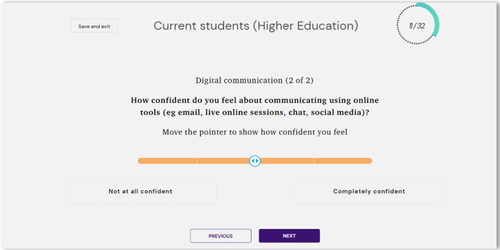 screen shot of one of the slider questions. The slider is scaled from &#x27;not at all confident&#x27; to &#x27;completely confident&#x27;
